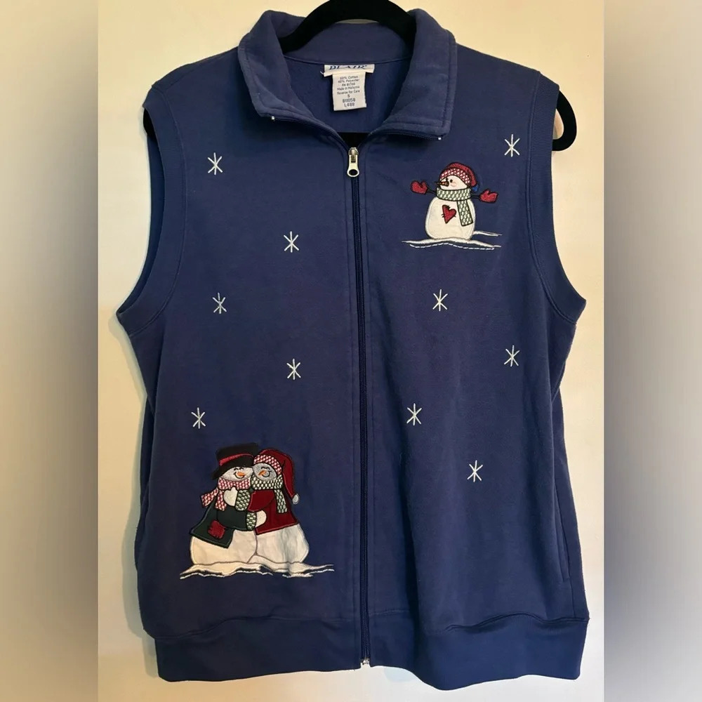 Blair Womens‎ Christmas Snowman Blue Sweatshirt Embroidered Vest size Small